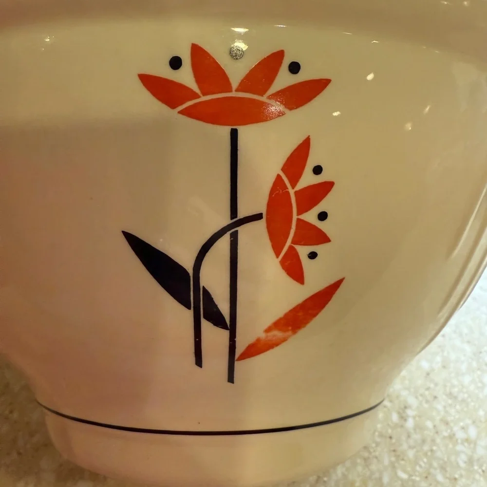 Vintage Harker Hotoven Ceramic Pottery Bowl White Dish Red Flower